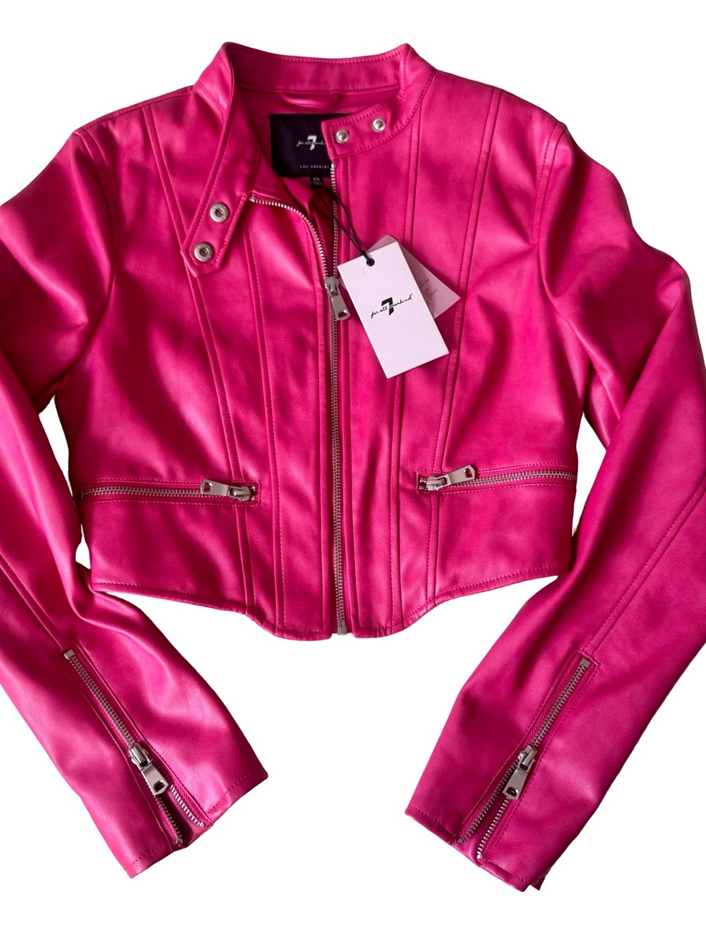 NWT 7 For All Mankind Women’s Pink Cropped Biker Moto Full Zip Jacket Size XS